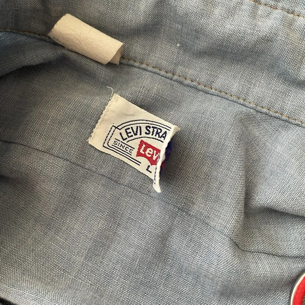 VTG 70s Levi’s Chambray Orange Tab Men’s Work Shirt Sky Blue Cotton Blend Large